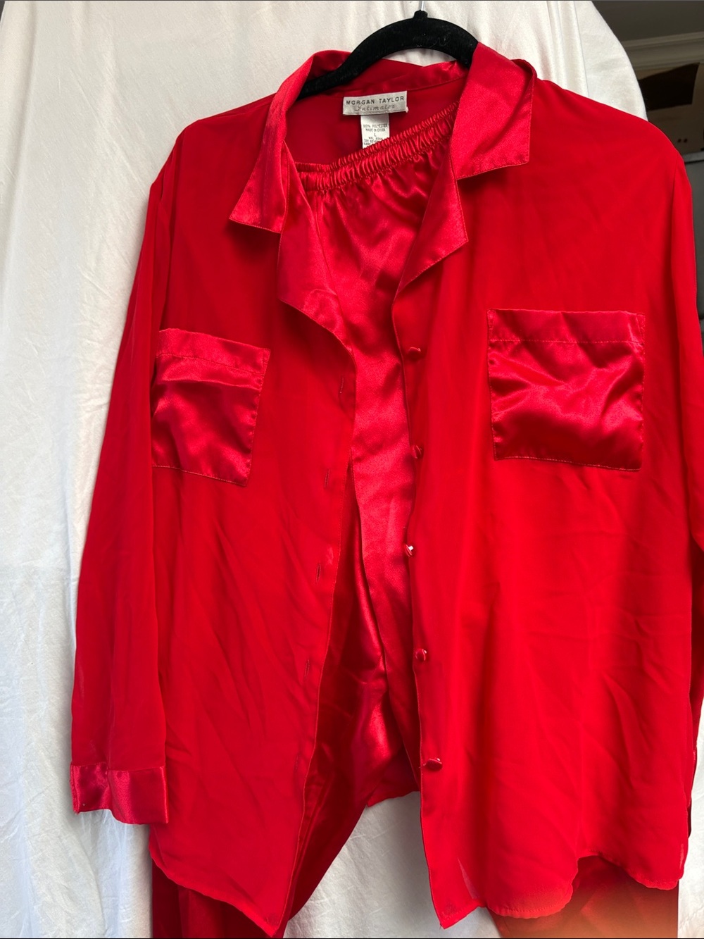 Morgan Taylor Red Satin-Trim Lightweight Shirt Jacket